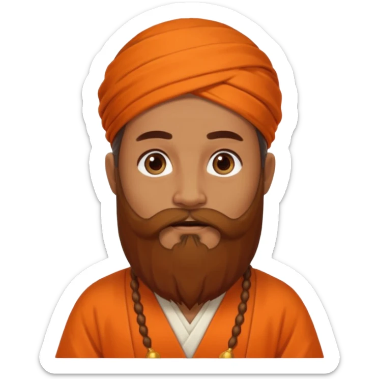 One astrologer sitting in orange color dress looking like a learned person, having beard sticker