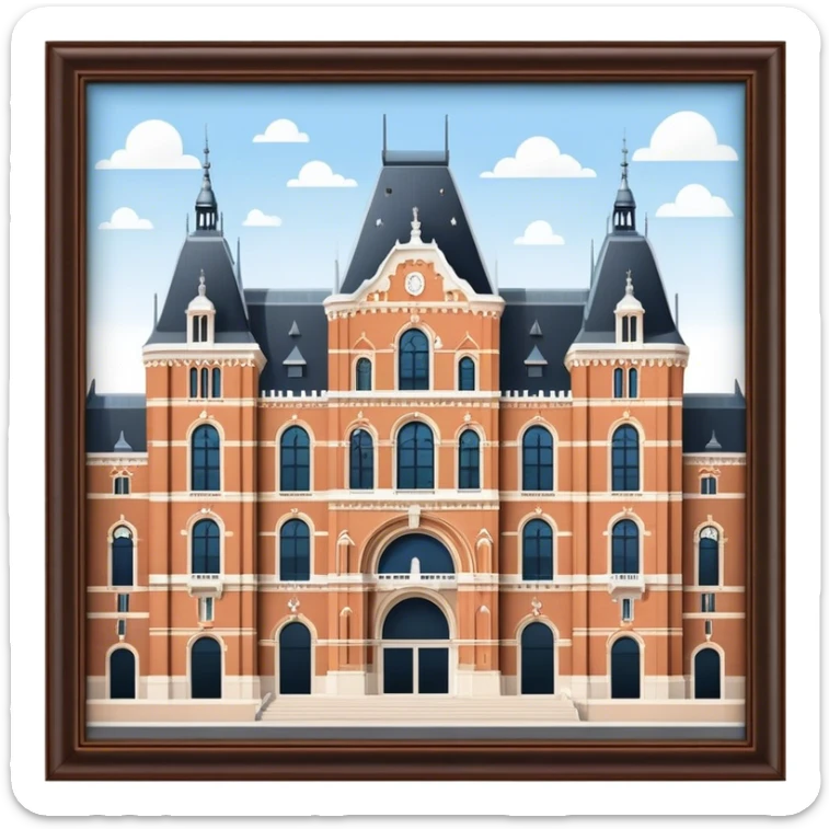 Cinematic Realistic Rijksmuseum Landmark Emoji, depicted with the grand facade of the museum rendered in intricate detail and soft, historical lighting. sticker