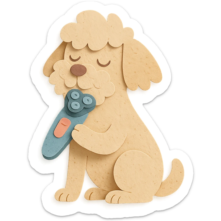 soft pastel electric shaver dog brushing its fuzzy face, creamy beige tones, full-body sticker
