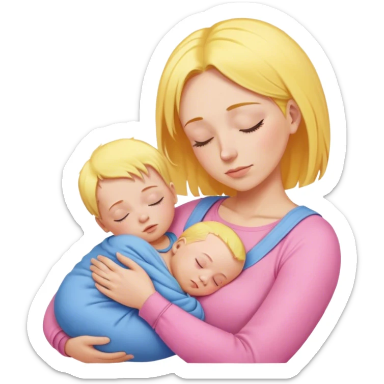 Mother holding baby, mother with yellow hair and pink clothes, baby in blue clothes is sleeping sticker