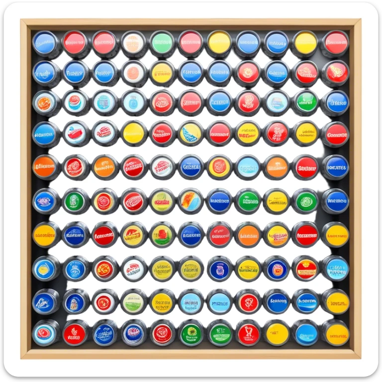 Icon for Bottle Cap Collecting (Capsophilia): a collection of colorful and unique bottle caps from various drinks, neatly arranged in a display case or on a table. The icon should emphasize the variety and charm of collecting bottle caps. Transparent background. sticker