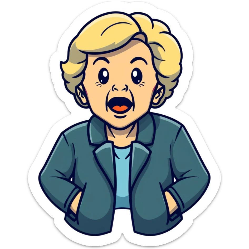 mean Karen, old yelling lady with blonde hair and a jacket sticker