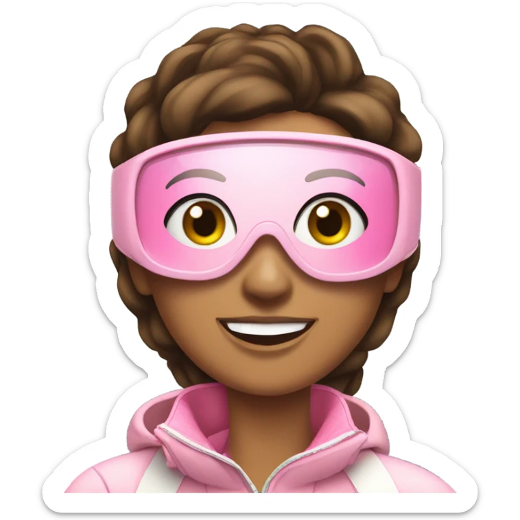 brunette girl in a light pink ski suit skiing at a ski resort. She is smiling, surrounded by snowy slopes and pine trees, with mountains in the background under a clear blue sky sticker