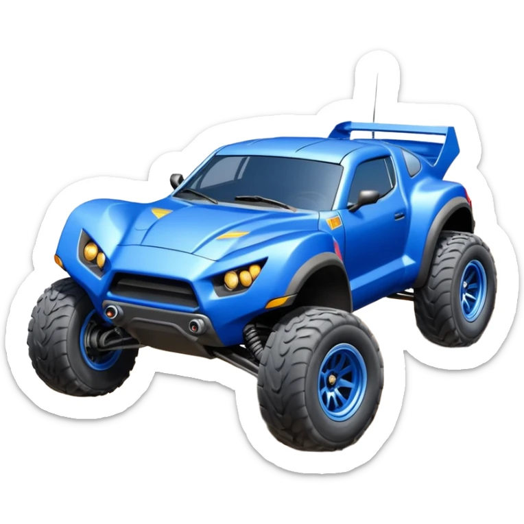 Satan’s (post race) ultra blue wide body Dirty and dented Local Motors Rally Fighter off road race car hot rod flying turning a tight corner (silver wheels) sticker