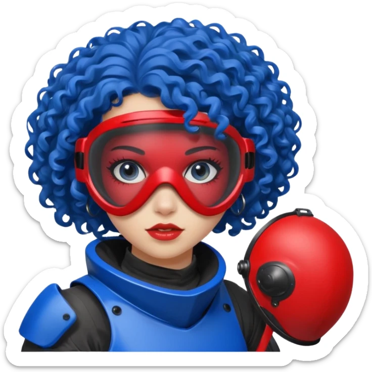 blue curly girl with huge earrings playing paintball with red paintball helmet with eye protection, only face  sticker