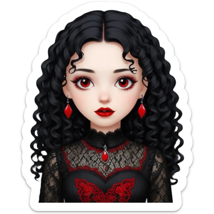 A girl with a red goth vampire look in a black and red goth lace dress with long sleeves and long black curly hair bold look on her face sticker