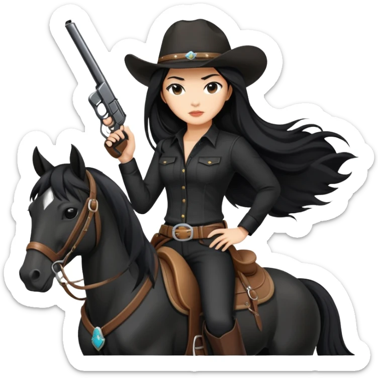confident Asian woman with long black hair wearing black outfit riding a horse cowgirl style with a pistol sticker