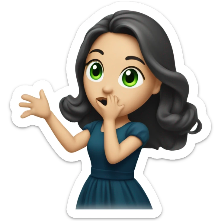 a brunette with long hair and green eyes and in a dark blue dress sends an air kiss sticker