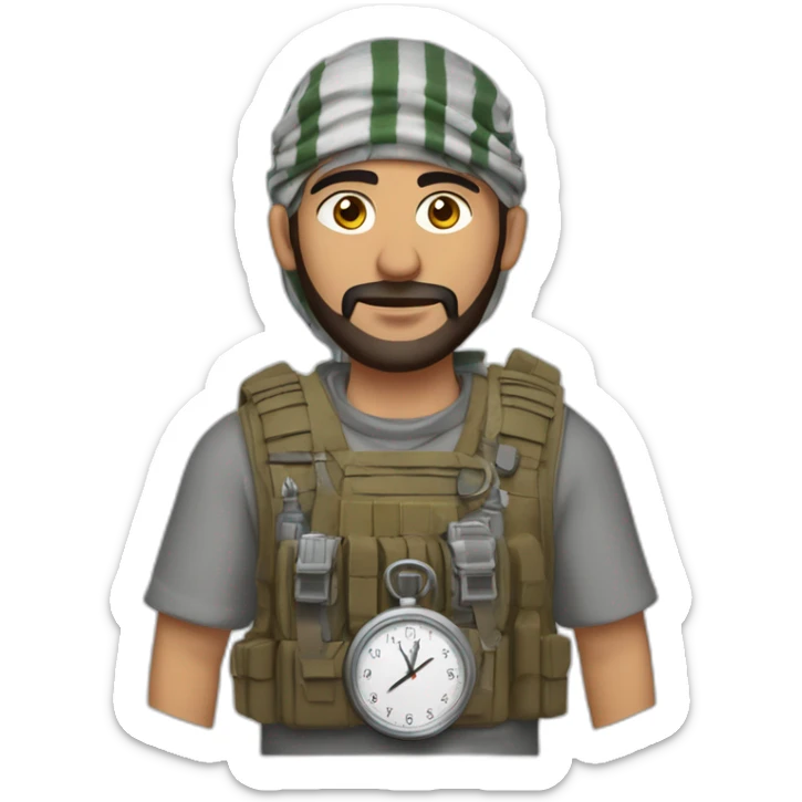 arab man wearing a keffiyeh and a plate carrier with wires in pockets and a small analog clock sticker