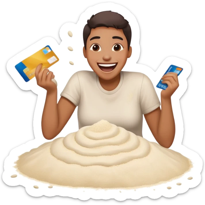 hysterically happy emoji with credit card in hand and a pile of flour sticker