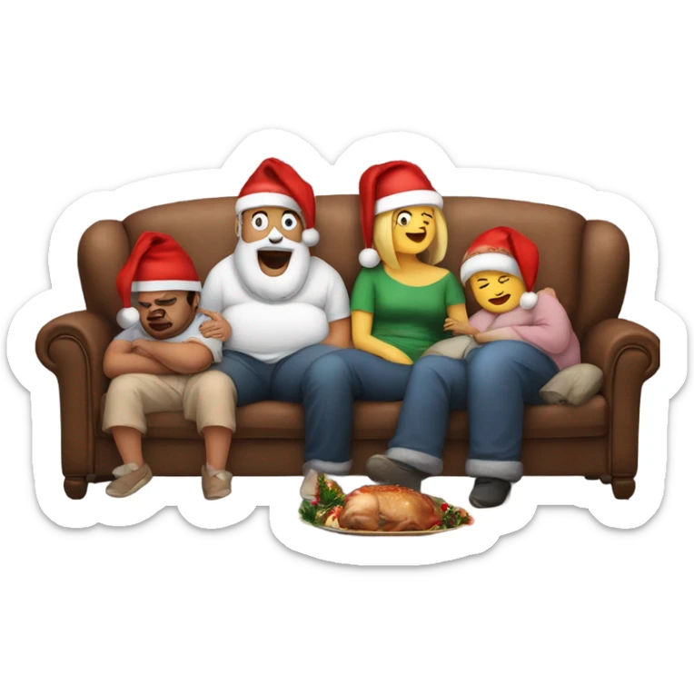 Family sitting on couch wearing Christmas hats. All with fat belly’s. Two people sleeping, one person burping. With Christmas dinner on floor.  sticker