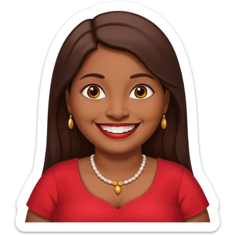 50 yr old chubby Sri Lankan woman, dark skin, straight brown hair, big smile, white teeth, red dress clothes, longer hair straight sticker