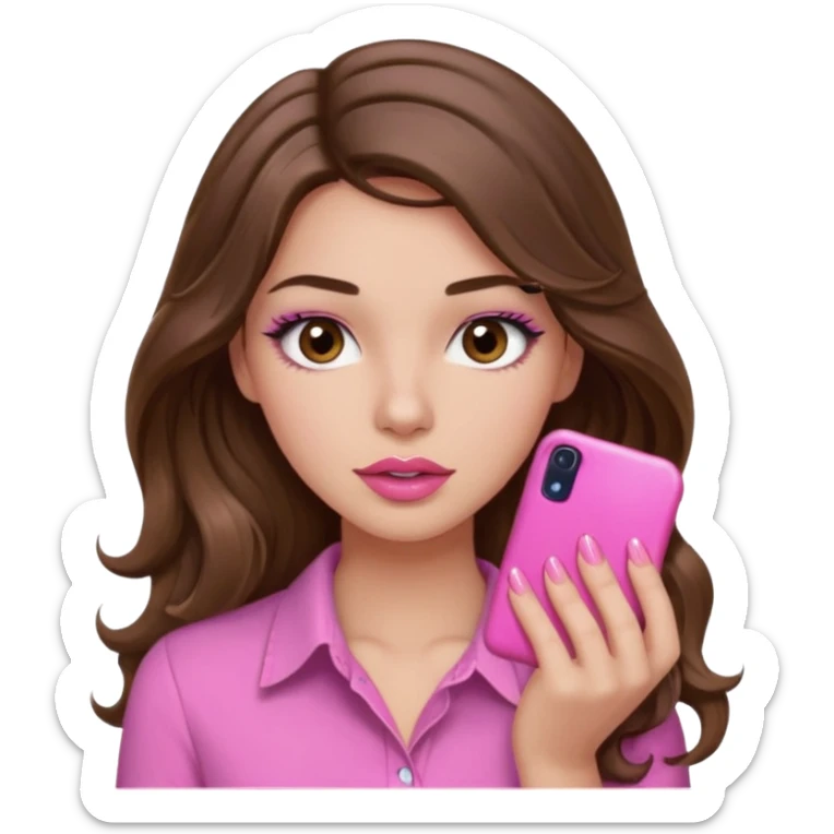girl with long wavy brown hair, brown eyes, light to medium complexion, in a pink shirt, pink lips, long lashes, puckered lips, showing off a pink manicure sticker