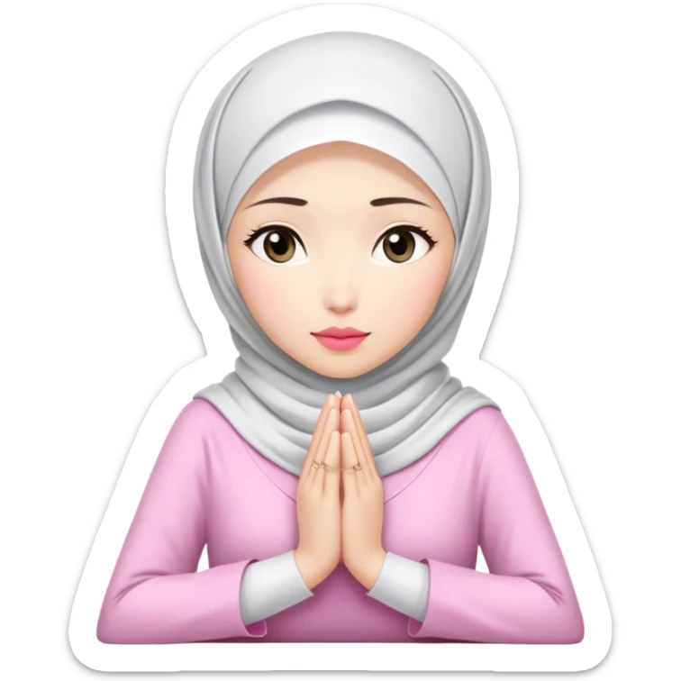 An white Asian woman, white hijab women are listening with her hands folded on the table. her lips is pink. sticker