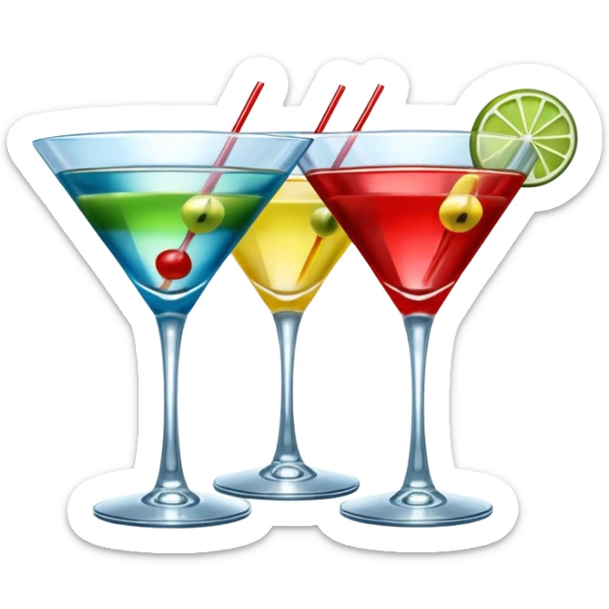 Create an two emoji of red and yellow martini cocktail, cheers with blue and green cocktail, no tube just cocktail in glass sticker
