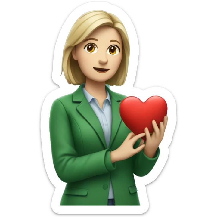A European female teacher in a green jacket holds a heart in her hands sticker