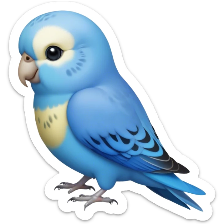 Cinematic Noble Blue Budgie Portrait Emoji, Poised and regal, with a petite, delicate build and a smooth, well-groomed fur of vibrant blue feathers, deep-set soulful dark eyes, Simplified yet sharp and sophisticated features, highly detailed, glowing with a soft, dignified glow, high shine, intelligent and charming, stylized with an air of elegance, focused and attentive, soft glowing outline, capturing the essence of a watchful and confident avian companion, so majestic it feels as though it could flutter out of the screen with effortless authority! sticker