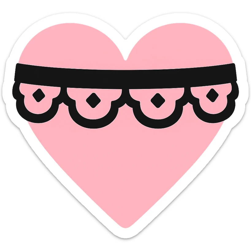 gothic heart with a black lace choker, color icon filled style, pink and black sticker