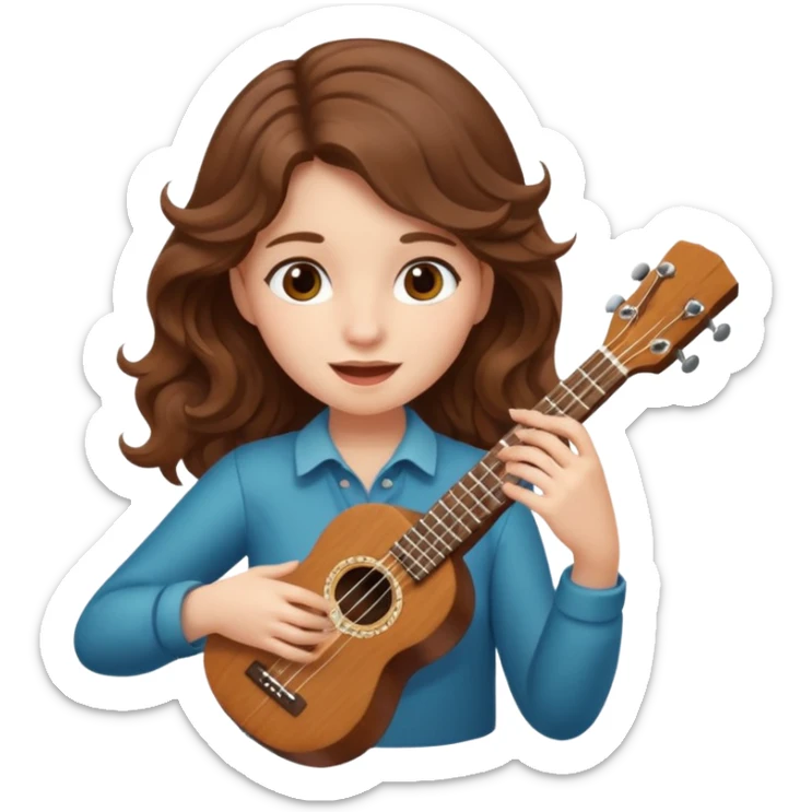 A fair-skinned girl with wavy brown hair is playing the ukulele. sticker
