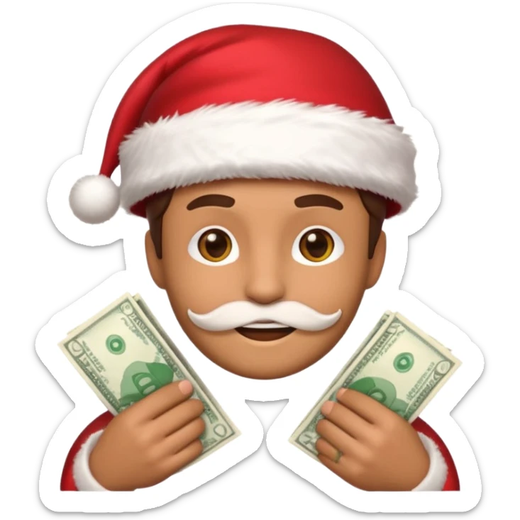 A confident rich emoji face wearing a Santa hat, money stacks, casino vibe, New Year theme, premium 3D emoji style, sharp details, no text, isolated on transparent background sticker