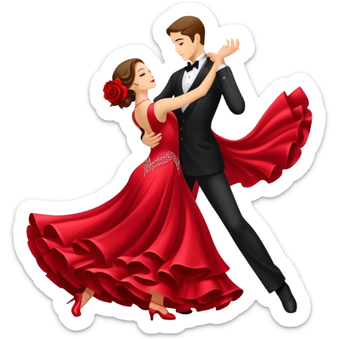 humanless Icon for Ballroom Dancing: a pair of ballroom dance shoes, a rose, a dance floor, a flowing, voluminous ballroom dress in motion, and a shining spotlight. The icon should represent the elegance and atmosphere of ballroom dancing, focusing on the attire and setting. Transparent background. sticker