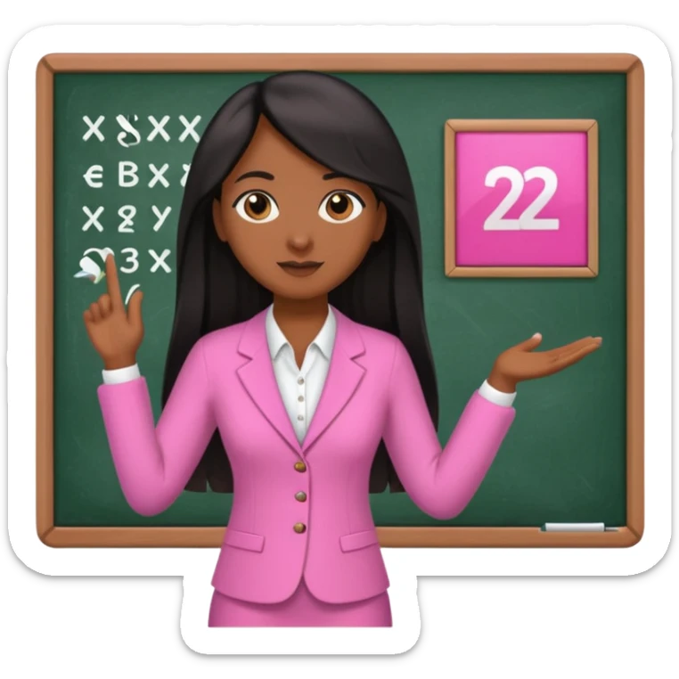 a brown skin teacher with hair with black straight long hair wearing pink not hot pink 2 piece set teaching up on a board the board  sticker