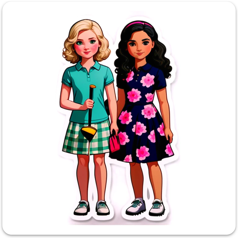  one  girl with short straight black hair and pale skin with golf clothes on, one American girl with long curly dirty blond hair and a floral dress on.  Both are friends sticker