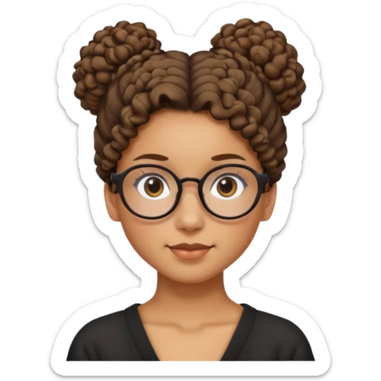 un chica con pelo rizado el peinadpo: un recogido osea todo el pelo recogido menos dos mechones alante que le llega hasta el cuello. luego pil un poco morena ojos marrones y tiene gafas negras y son exagonales pero un poco redondeadas.  sticker