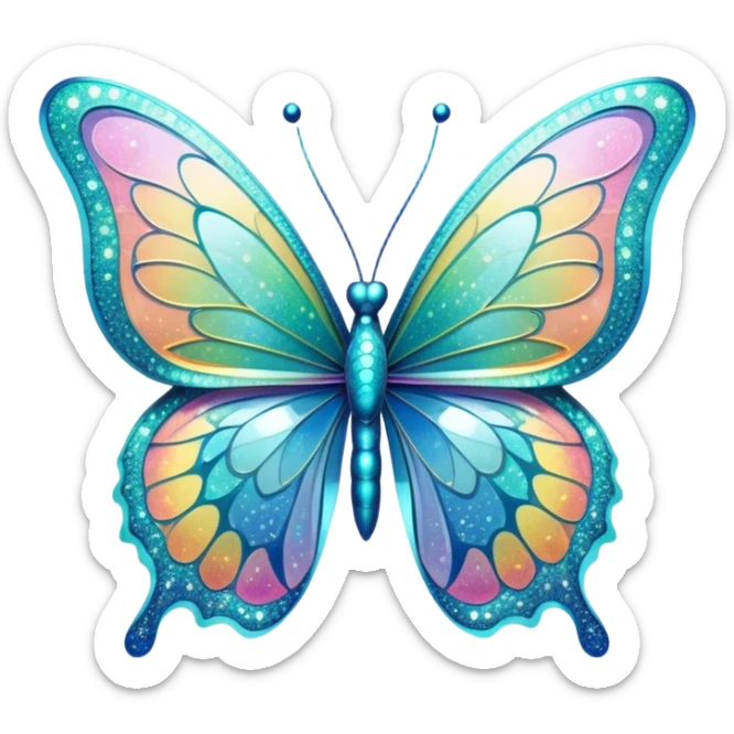 Pastel sparkly cyan glittery iridescent rainbow transparent butterfly with detailed intricate patterns sticker