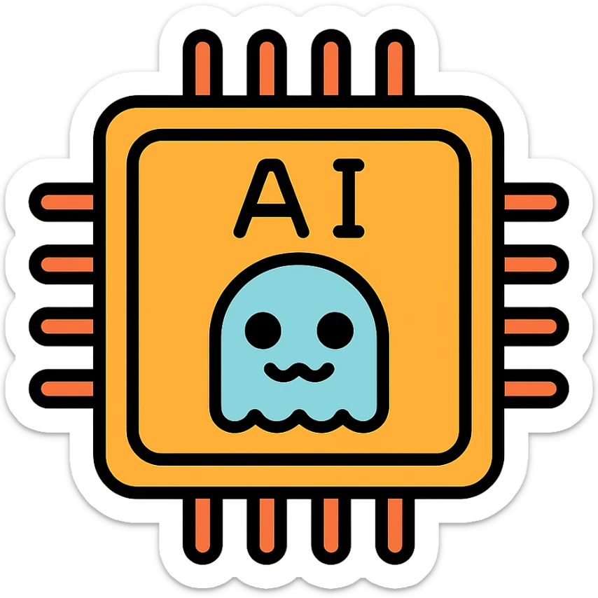 color outline icon of an AI chip with a friendly face, cool and a bit spooky sticker