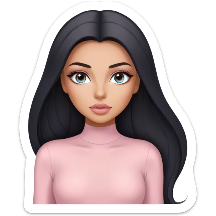 Glamours, tanned, very beautiful girl, with big pump peach-beige-rose lips, long long lashes, black straight smooth silky long hair, straight parting hair, blue-grey eyes in light pink long-sleeves bodysuit sticker