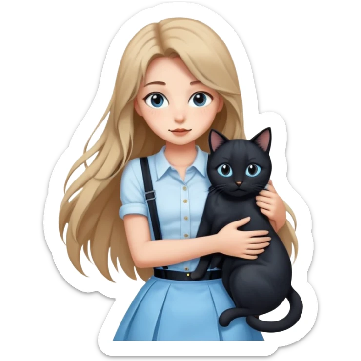 A sexy girl with long hair wearing a light blue suspender skirt hugs a black cat tightly sticker