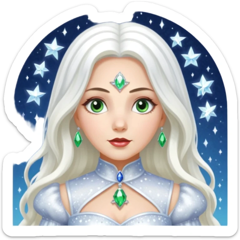Good Witch of the North from the Wizard of Oz with long white hair, white sequin outfit sticker