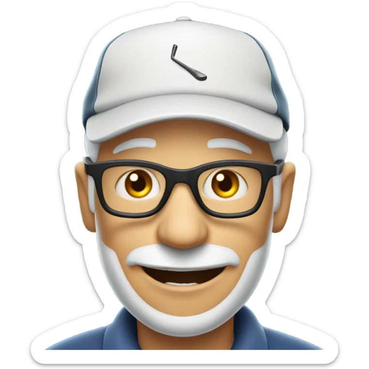 smiling elderly man with no beard  in glasses swinging a golf club and wearing a cap sticker