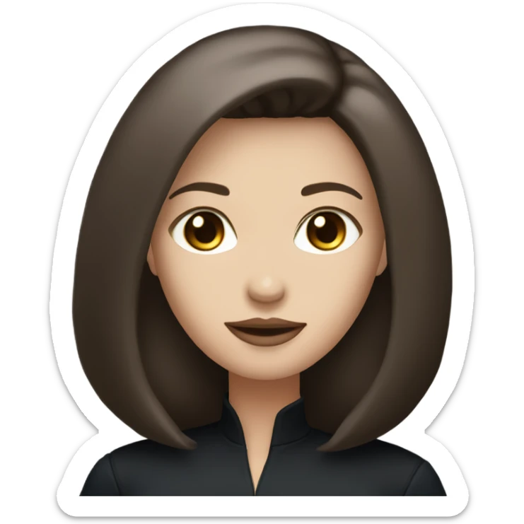 entire, white woman with straight long mid hair, dark brown hair, blue eyes, round face, uni-lips, wearing a black outfit, stylish. sticker