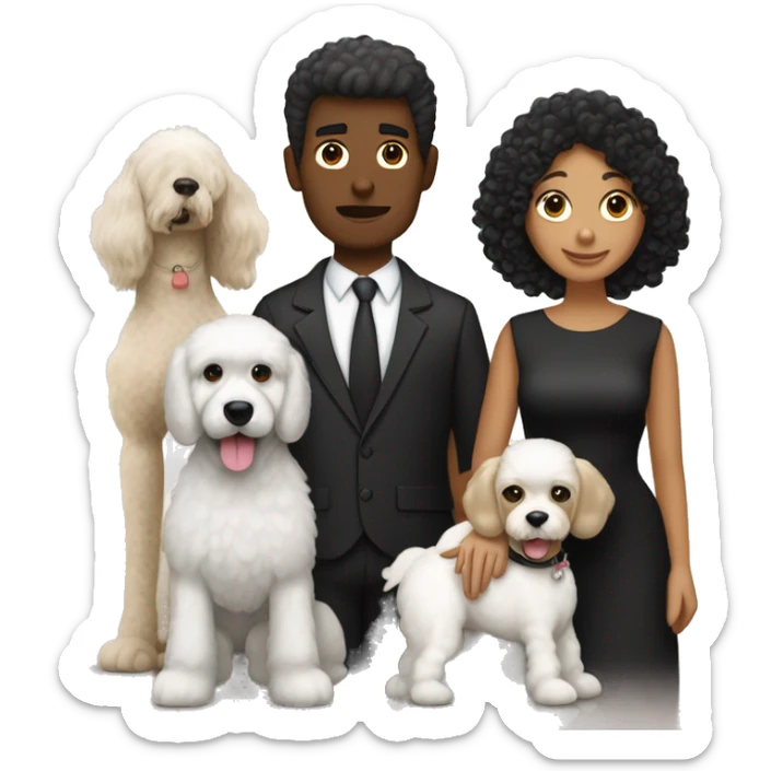 Una pareja, mujer blanca, cabello negro, hombre zambo y su perrita labrador poodle negro sticker