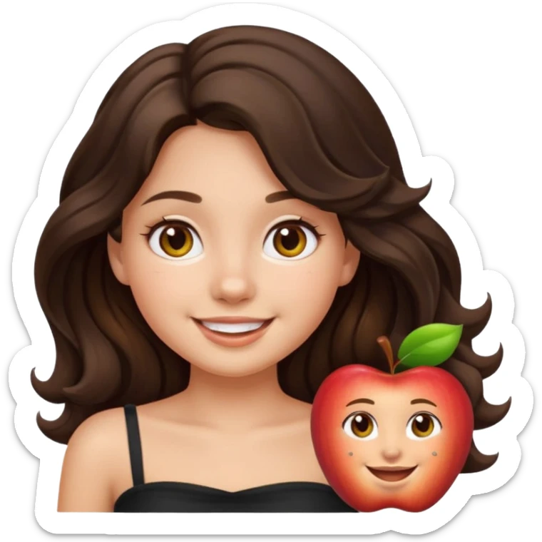 Transform the girl into an iOS Apple emoji style with a round face, simplified features, smooth shading, large expressive hazel eyes, dark brown long wavy hair, wearing a black tube top, on a neutral background, matching the look of Apple emoji style. sticker