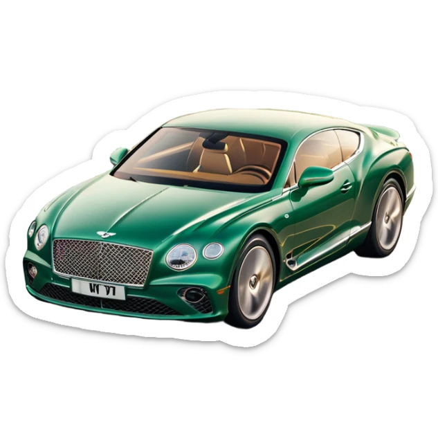 Bentley Continental GT (2022) – cinematic-realistic Bentley Continental GT emoji, its deep emerald green paint reflecting the golden hour sunlight as it cruises along a coastal highway. The roar of its W12 engine builds as it accelerates, the plush leather interior offering an unmatched blend of luxury and performance. sticker