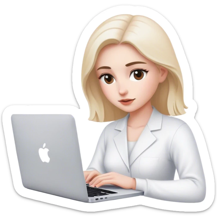 Mac book blanc avec une femme qui travaille sur l’ordinateur de dos dans un thème féminin minimaliste  sticker