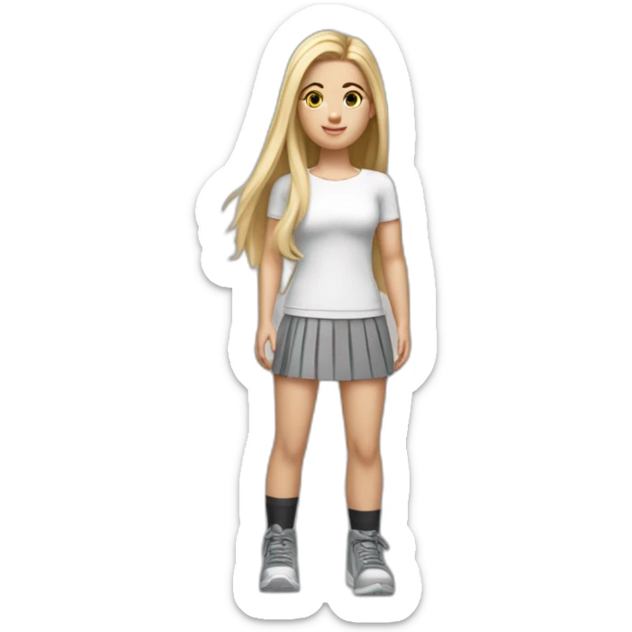 hyperrealist caucasian long straight hair blonde brown eyes strapless white sports top gray tight mini skirt black shoes complete body sticker