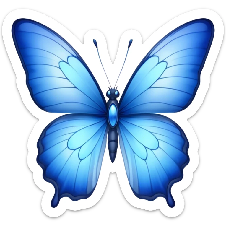 Cinematic Realistic Noble Blue Butterfly Portrait Emoji, Poised and graceful, with delicate, translucent wings rendered in vivid sapphire and indigo tones, a slender, elegant body with finely detailed textures, and gentle, reflective eyes, illuminated by soft natural light, high shine, intelligent and ethereal, styled with an air of refined natural beauty, focused and attentive, soft glowing outline, capturing the essence of a watchful and confident blue butterfly that appears to flutter out of the screen with effortless grace! sticker