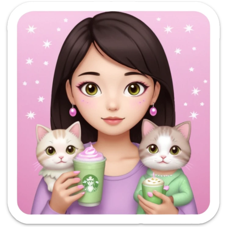 asian girl with short dark brown hair and dark brown eyes with a soft girl pink glowup aesthetic, matcha latte, 2 light brownragdoll cats, and sparkles, makeup, and money. more sparkles sticker