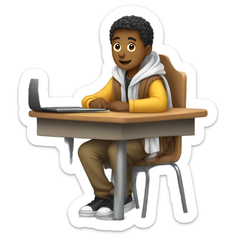 male student sitting at a school desk, a Chromebook with a blanket wrapped around shoulders sticker
