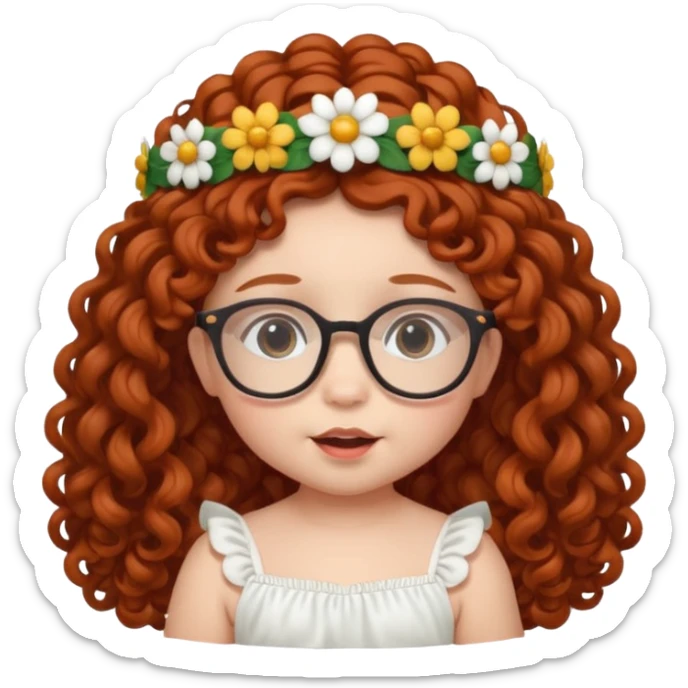 baby with big flower tiara dark ginger long curly hair and glassess sticker