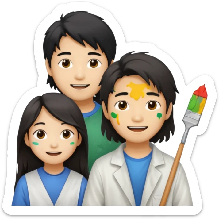 Happy Asian boy with long hair and girl messy painters sticker