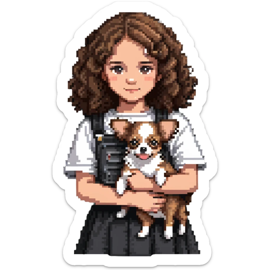 white girl with curly brown hair holding a chihuahua puppy sticker