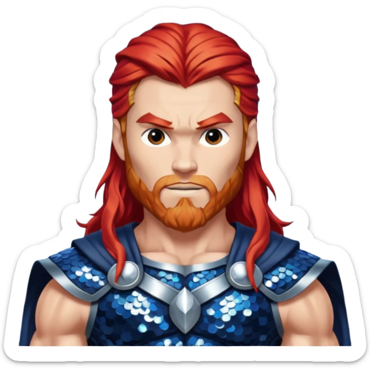 Thor, God of Thunder from Gods and Goddesses with long red hair, dark blue and silver sequin outfit sticker
