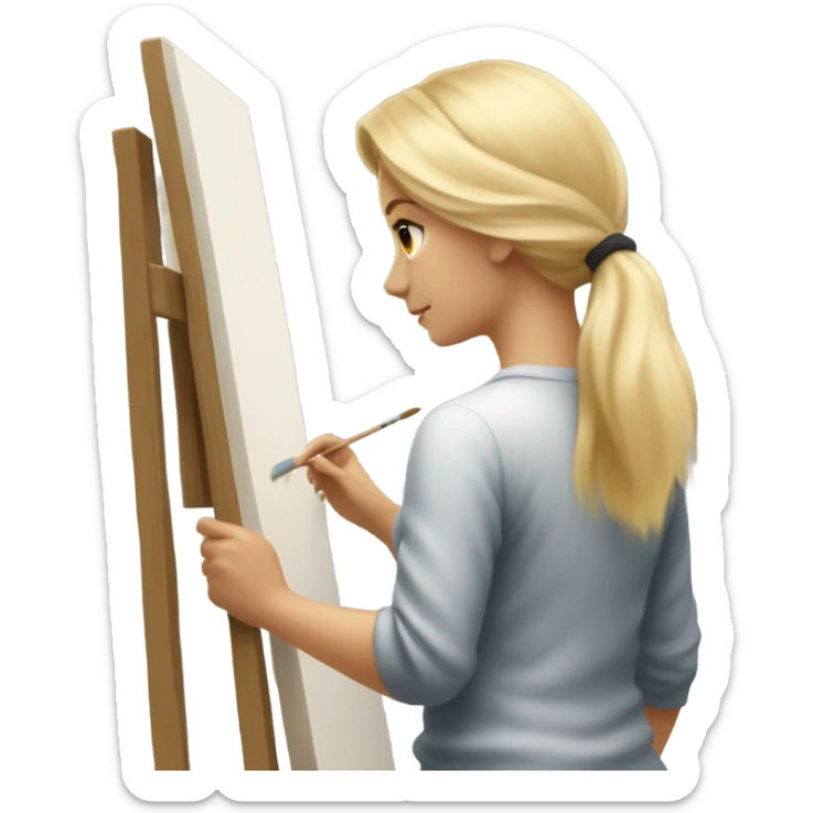 The back of a blonde girl painting a canvas, with a pretty and clean vibe.  sticker