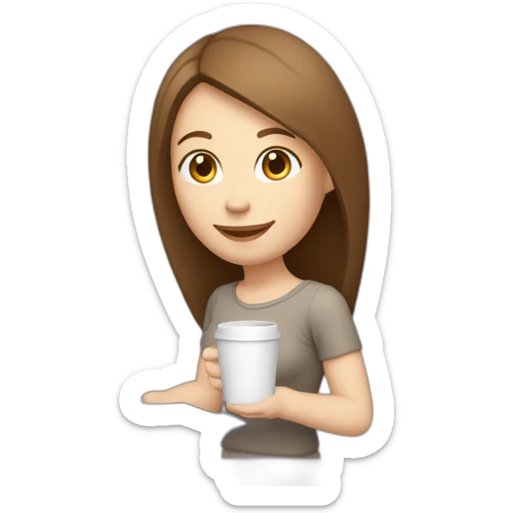 Smiling pale skin woman with middle brown straight hair holding a closed laptop on her left hand and a coffee mug on her right hand not full body shot sticker
