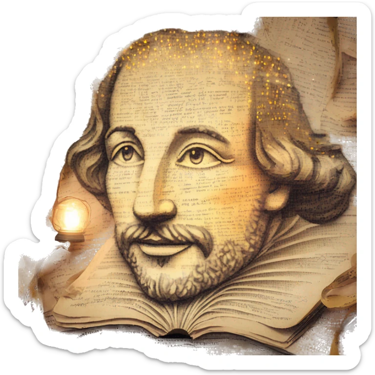 Glowing Shakespeare made of newspaper and bokeh fairy lights lanterns stained glass, fairy lights, bokeh, annotated sketch, handwritten letters, collage of intricate patterns, lantern, bokeh sticker